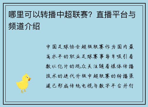 哪里可以转播中超联赛？直播平台与频道介绍